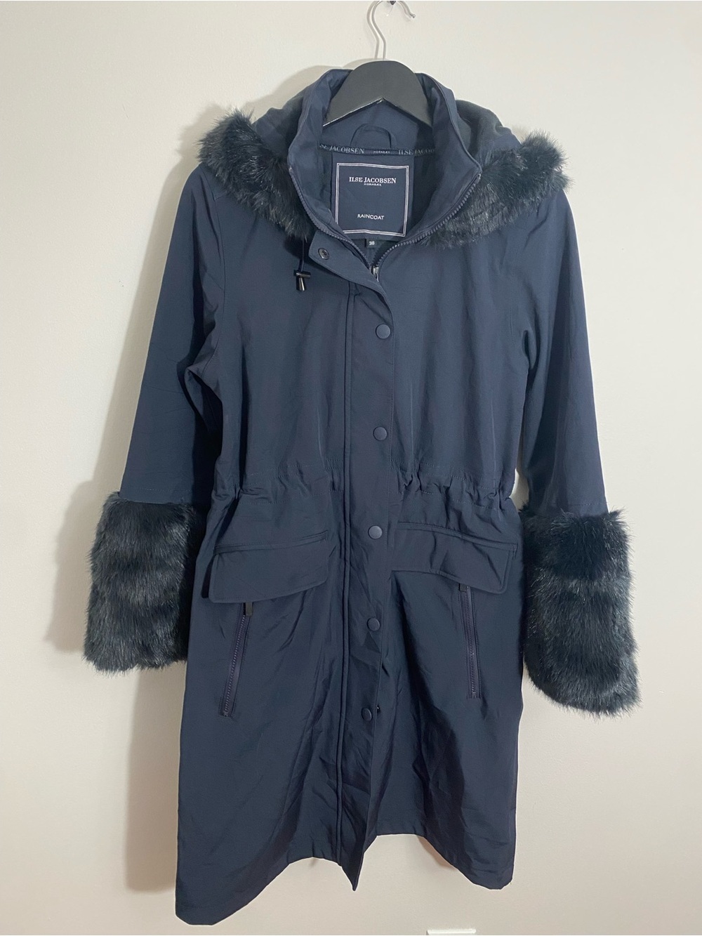 Ilse Jacobsen Raincoat Softshell Faux Fur Mid length Waterproof Jacket size 8